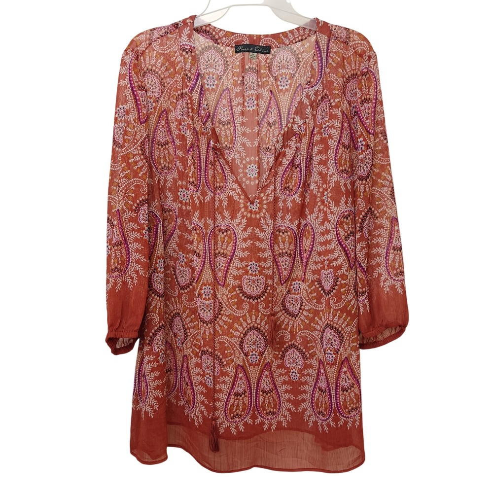 Rose & Olive Tunic Women 3X‎ Orange Paisley Boho Tassel Chiffon Top 3/4 Sleeve